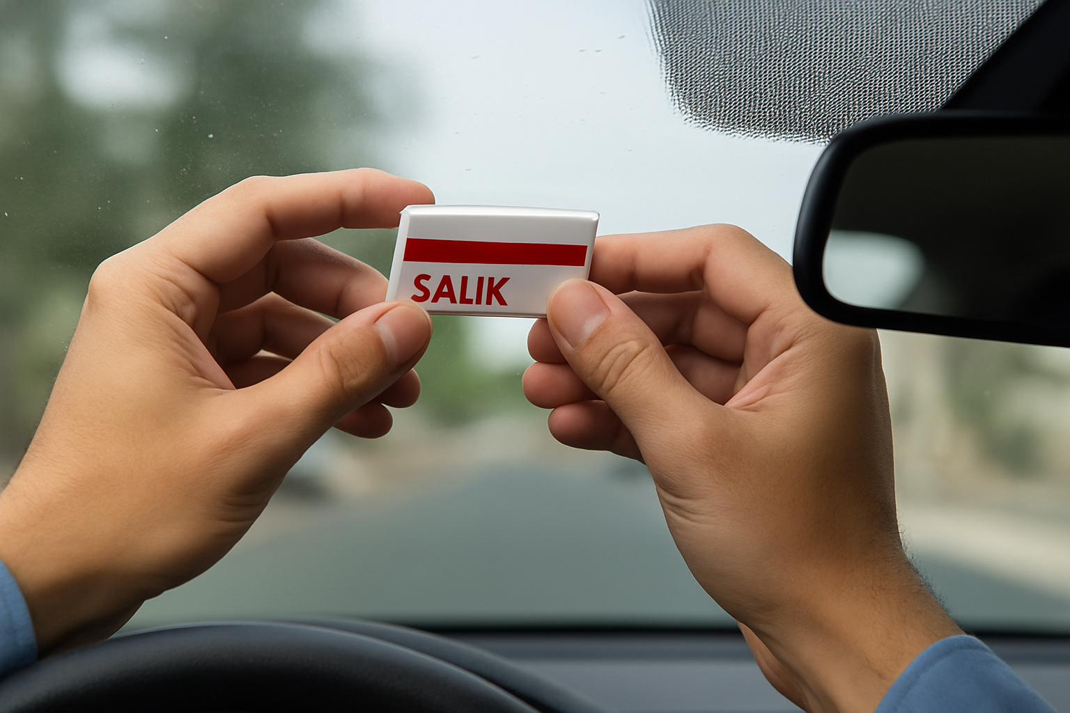 Driver attaching Salik tag to car windscreen