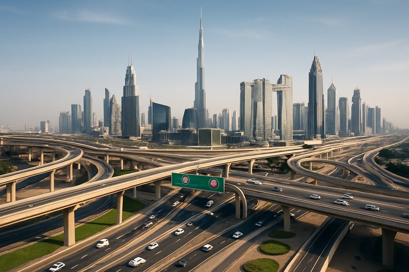 Dubai toll road infrastructure with city skyline Dubai toll road infrastructure with city skyline