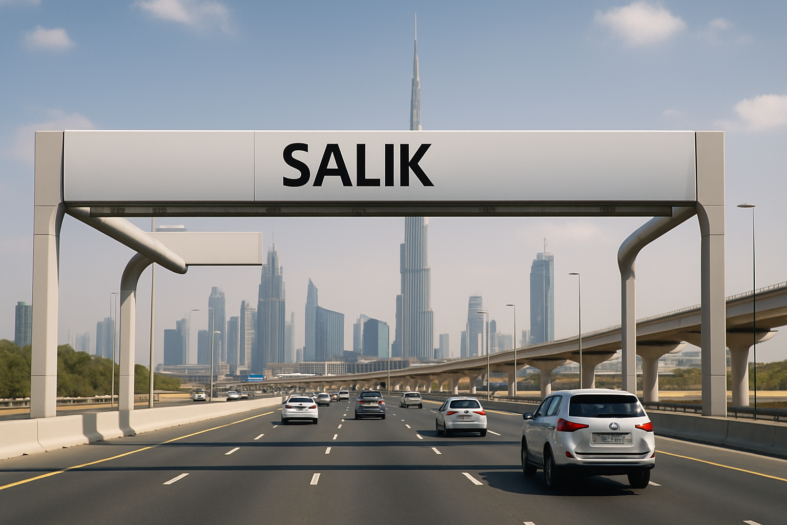 Dubai toll road with Salik gantry and skyline in the background