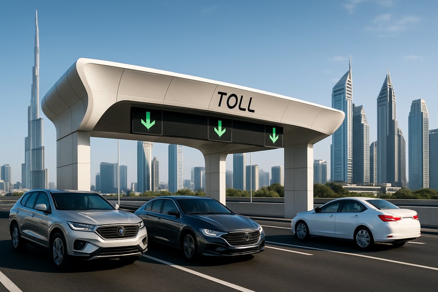 Modern toll booth in Dubai with passing vehicles Modern toll booth in Dubai with passing vehicles